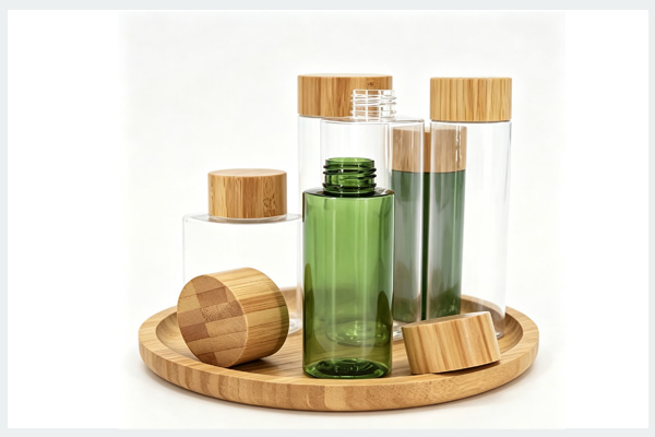 Bamboo cap PET water and milk vertical lift bottle